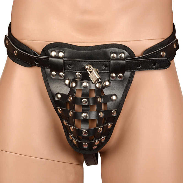 Premium Strength Adjustable Faux Leather Chastity Belt Underwear Penis Cage Lock