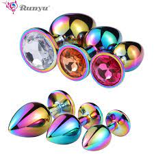Rainbow Small Medium size set circle shape Crystal Metal anal beads butt plug Jewellery sex toy for female male